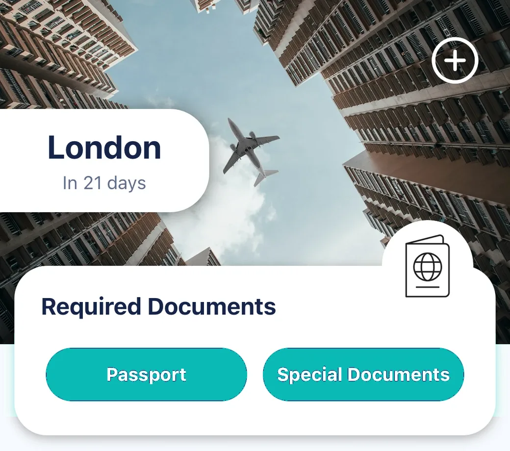 Required documents card for a London trip, with passport and special documents.