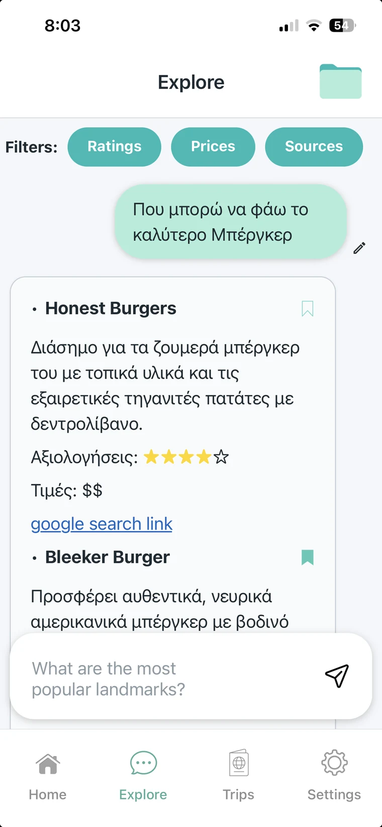 Explore screen answering a question about the best burger in London.
