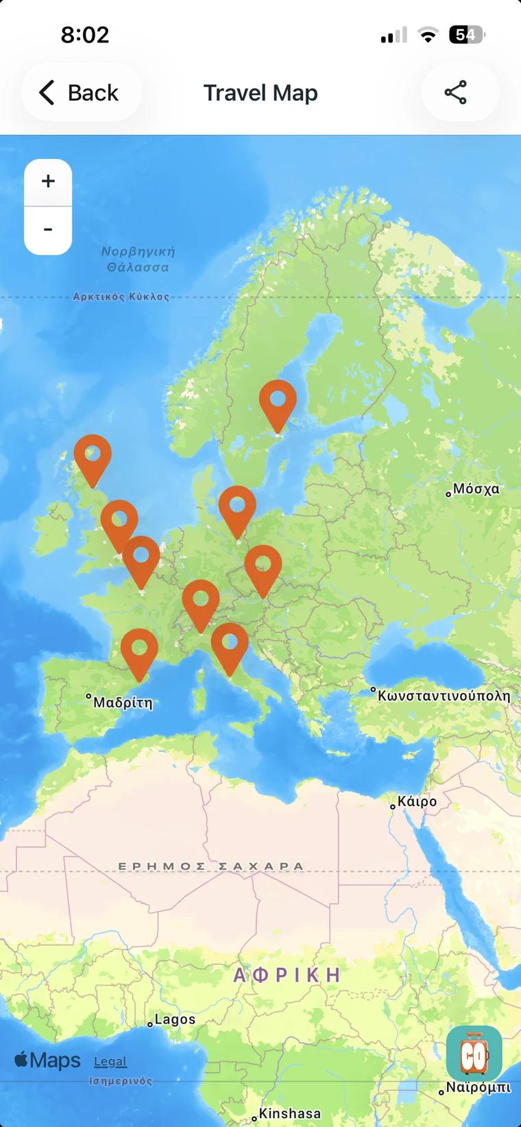 Travel map with saved places pinned across Europe.