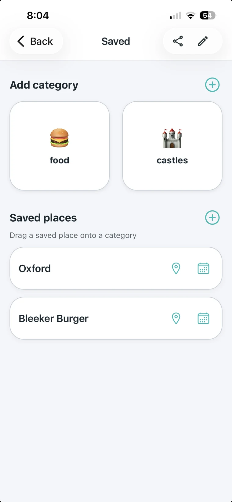 Saved places list grouped by category.