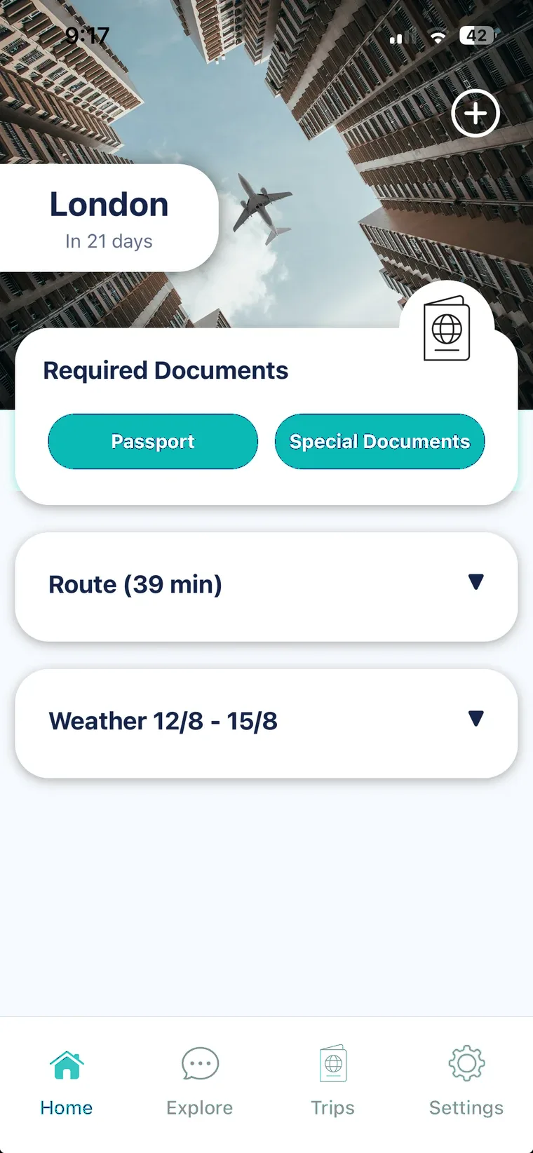 coTraveler trip screen showing a London trip with required documents, route and weather.